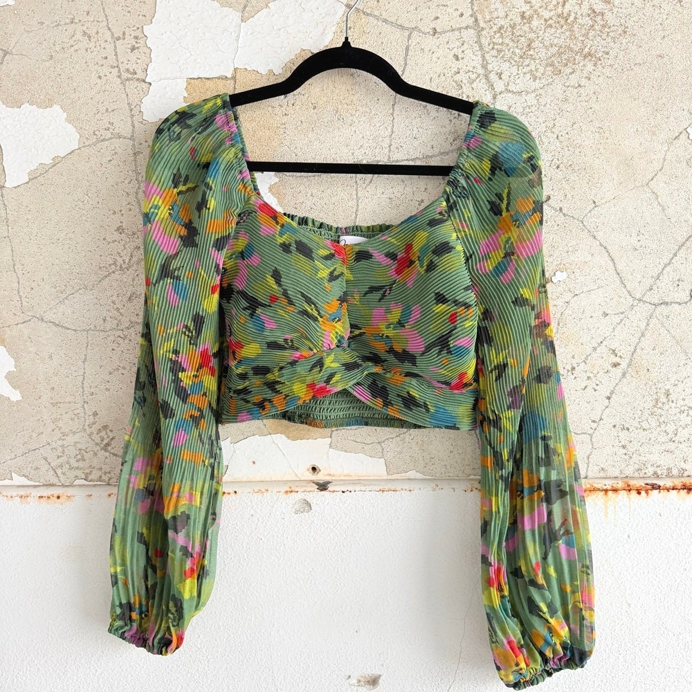 Crop Top Green Floral Pleated Chiffon Long Sleeve‎ Sweetheart Neck Feminine M